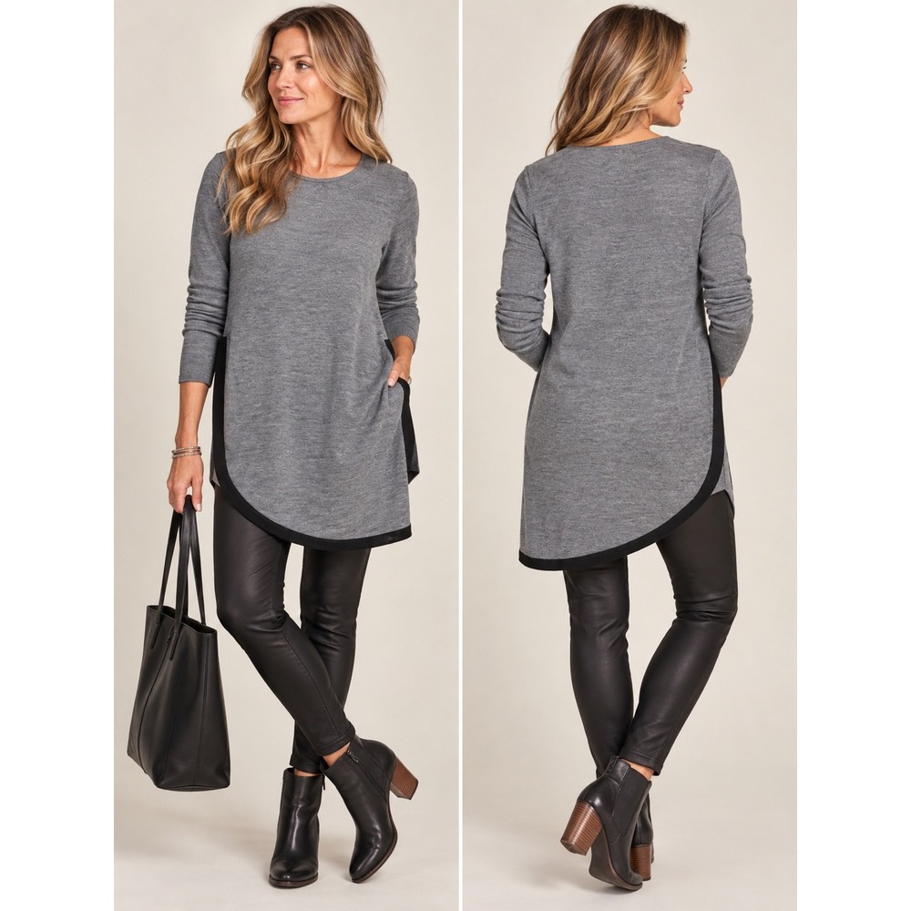 Eileen Fisher Tunic Womens Petite S Grey Merino Wool Asymmetrical Curved Hem